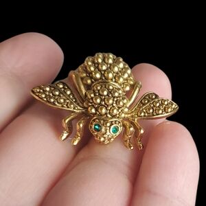 Joan Rivers Gold Beaded Texture Bee Brooch with Emerald Green Eyes